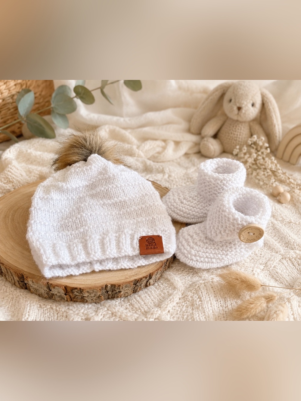 Handmade White Knit Baby Beanie with Fur Pom & Matching Booties